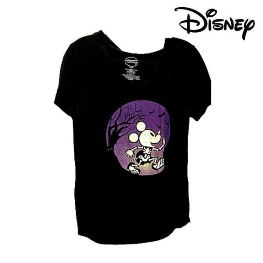 Disney Womens Mickey Mouse Halloween Skeleton Graphic Short Sleeve T-shirt‎